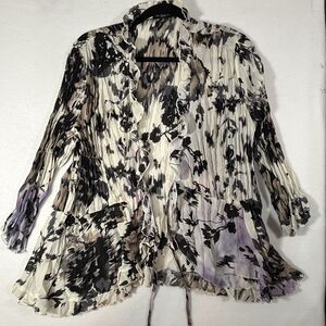 Vintage Semi Sheer Top Tie Front  Ruffles Crinkle Stretch Flare Sleeve